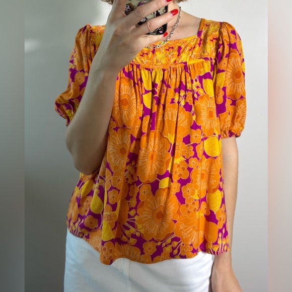 Rose & Olive Orange and Pink Puff Sleeve Floral Blouse size M - Picture 2 of 11